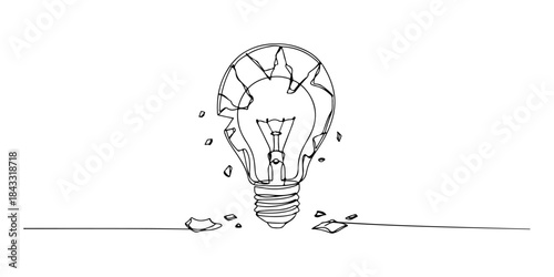 Continuous one line of a lightbulb glowing faintly inside shattered glass, sleek minimal fragile hope symbolism design, hand drawn vector illustration.