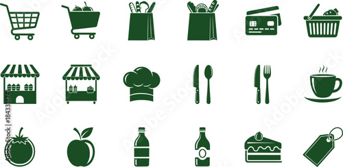 Food and drink icons for shopping and dining with groceries and cafe elements grocery