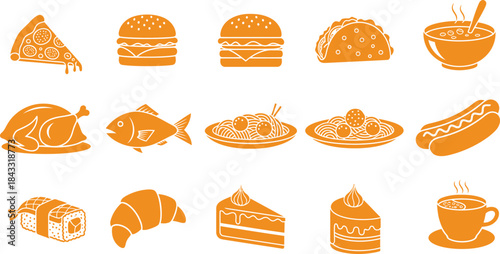 Food Icons Set Orange Fast Food Cuisine Dishes vector illustration