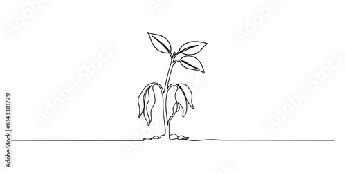 Continuous one line of a wilted plant with one fresh leaf sprouting, sleek minimal renewal amidst despair symbolism , hand drawn vector illustration.
