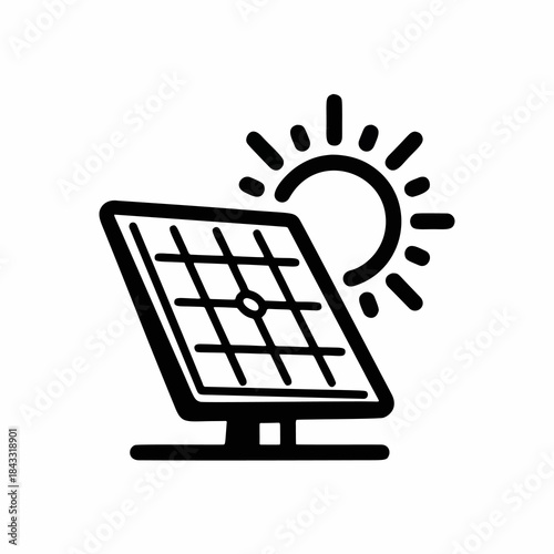 Black and white line art icon depicting a solar panel with the sun shining brightly above it, representing renewable solar energy, clean power generation, and sustainable technology.