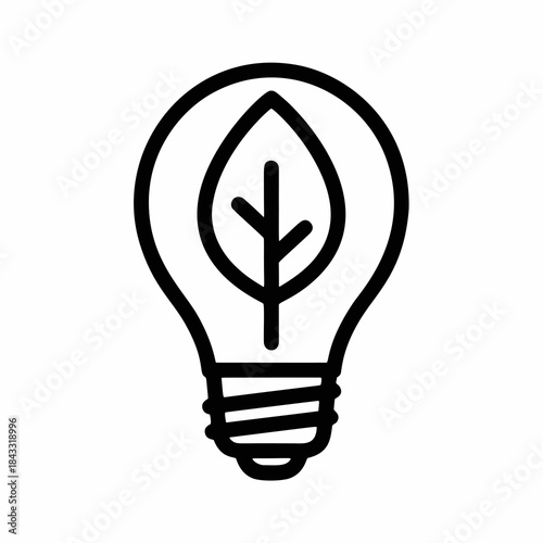 Black and white icon of a light bulb containing a leaf, symbolizing energy efficiency, sustainable power usage, and the concept of "green" or eco-friendly lighting solutions.
