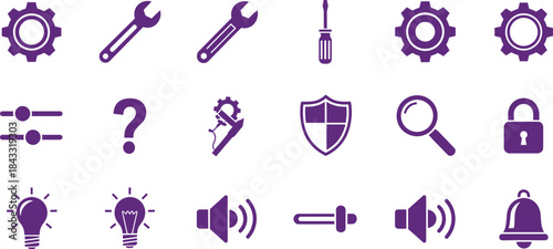 Purple icons for tools settings and ideas symbols