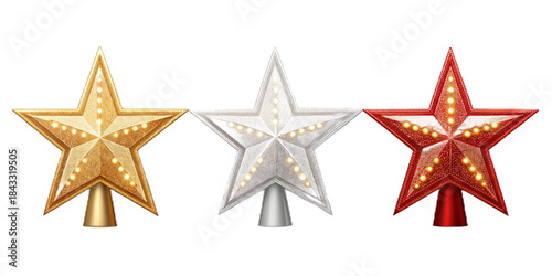 Realistic Christmas Tree Topper Stars, Gold Silver Red Festive Vector Illustration, Semi-Realistic