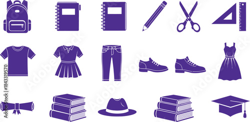 School Supplies Icons Backpack Notebook Scissors Books Hat vector illustration