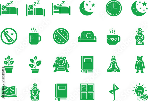 Sleep moon clock plant book yoga teddy bear light bulb icons sleeping