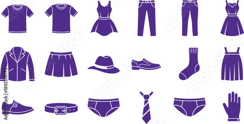 Fashion clothing collection set for women featuring shirts, pants, skirts, and jackets as vector silhouettes and design icons