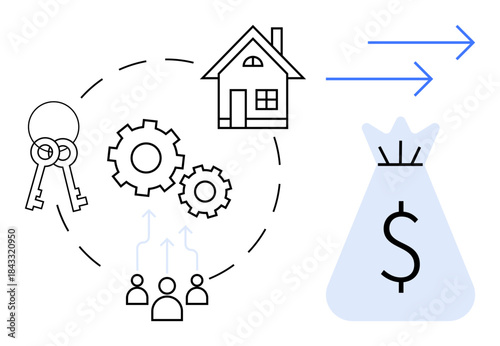 Keys, property icons, gears, money bag with dollar sign, and arrows illustrating real estate investment process, financial operations, profit, mortgage and economic growth. Ideal for finance real