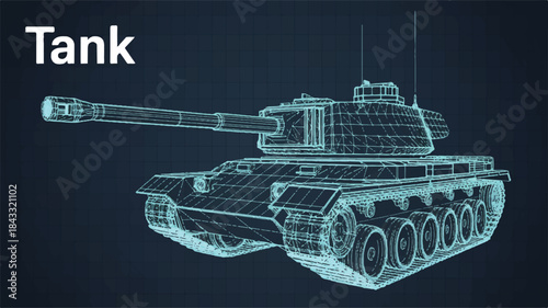 A wireframe 3D illustration of a military tank rendered in a low-poly style against a dark blue checkered background