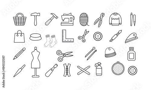 A comprehensive collection of various craft and DIY hobby tools with sewing items in outline vector illustrations