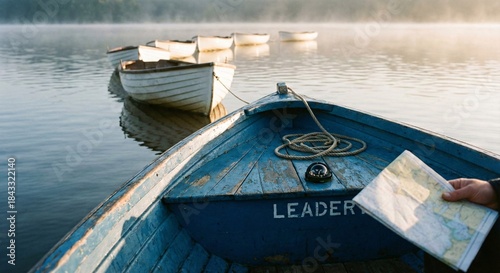 Leader Boat with Map on Misty Lake