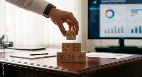 Businessman Stacking Wooden Blocks for Strategy