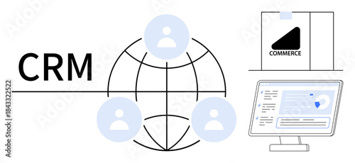 Customer relationship management, e-commerce integration, global business, digital tools, workflow optimization, data analytics. Network of user icons, commerce box digital interface. Customer
