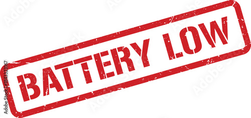 Red Battery Low Rectangular Rubber Stamp Illustration with Grunge Texture on White Background Resource
