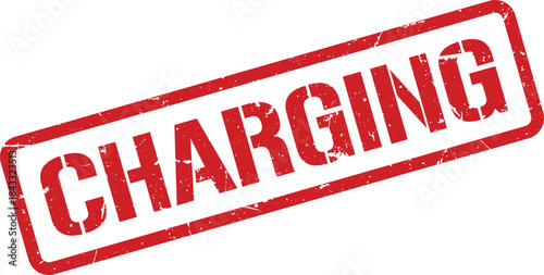 Distressed Red Charging Rubber Stamp on White Background, Rectangular Shape, Angled Perspective