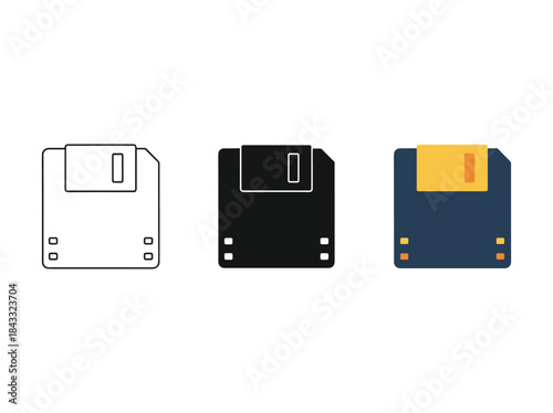 Floppy disk icons in various styles and colors