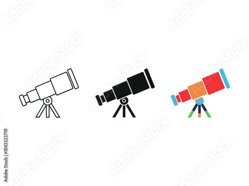 Telescope icons in various styles and colors