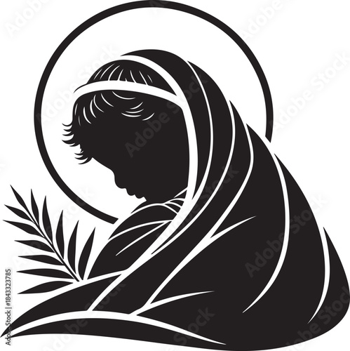 Simple black silhouette of infant Jesus wrapped in cloth with holy halo peaceful Christmas religious symbol isolated on white background