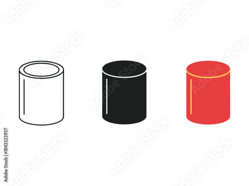 Three cylindrical objects in different colors and styles