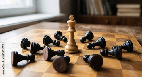 White Chess King Standing Among Fallen Pawns