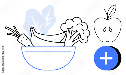 Healthy eating concept. Healthy lifestyle visuals fruits and vegetables in a bowl with an apple and nutrition icon. Healthy eating for wellness, fitness, diet apps, menus, and education