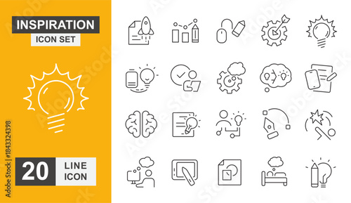 inspiration icon set. idea, brain, creative, brainstorm, strategy and more line icon.