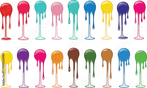 A large collection of glossy, colorful paint and liquid drips with highlights, forming abstract, hanging droplet shapes, excellent vector assets for food, dessert, or modern graphic design.