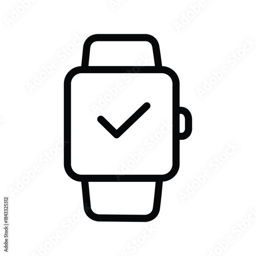 Minimalist smartwatch icon with a check mark on the screen, representing health tracking, task completion, notifications, and wearable technology