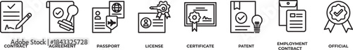 Official Documents and Agreements Icons set vector illustration outline with Contract , Agreement, Passport, License, certificate, Patent, Employment Contract, Official