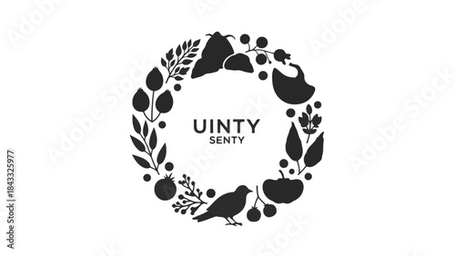 Whimsical circular wreath with autumn harvest elements and a silhouette of a bird