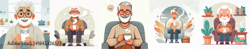  vector grandfather drinking coffee white background