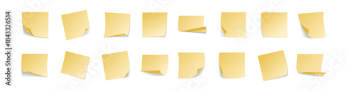 Collection of yellow sticky notes with torn edges isolated on white background