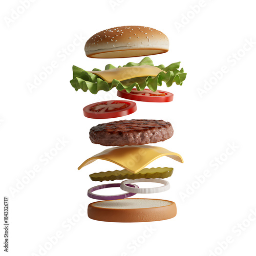 Burger ingredients levitation  isolated on transparent background