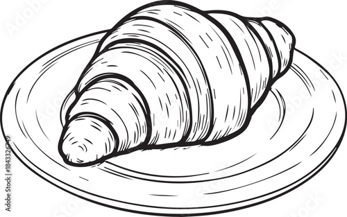 “Plated Croissant Vector – Black and White Pastry Illustration”