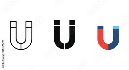 Different styles of horseshoe magnets in a row