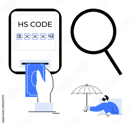 Hand inserting money into customs HS code slot, magnifying glass indicating search, person holding umbrella suggesting protection. Ideal for trade, customs, logistics, finance, inspection, security
