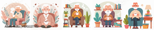  vector grandfather drinking coffee white background