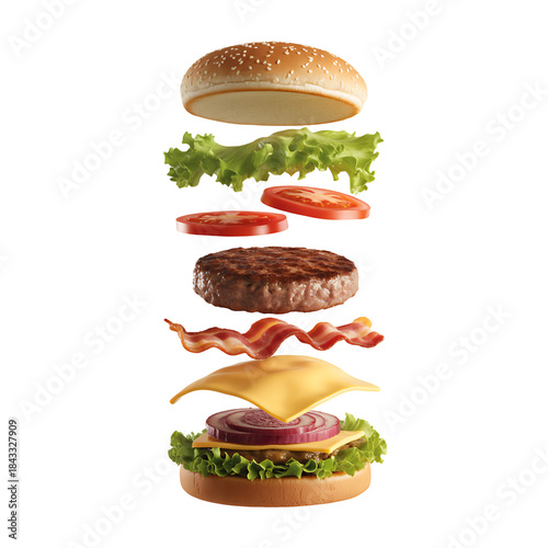 Burger ingredients levitation  isolated on transparent background