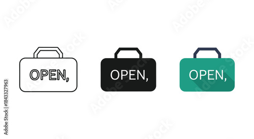 Open sign on briefcase in various colors and styles