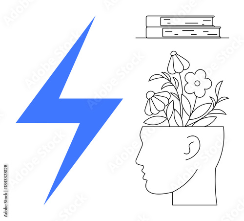 Human head with growing flowers symbolizes ideas and growth. Lightning bolt highlights creativity and books signify knowledge. Ideal for creativity, education, mind, innovation, energy, success