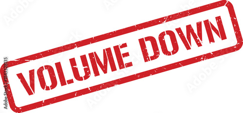 Grunge Red Rectangular Stamp with Volume Down Text on White Background, Slightly Angled View