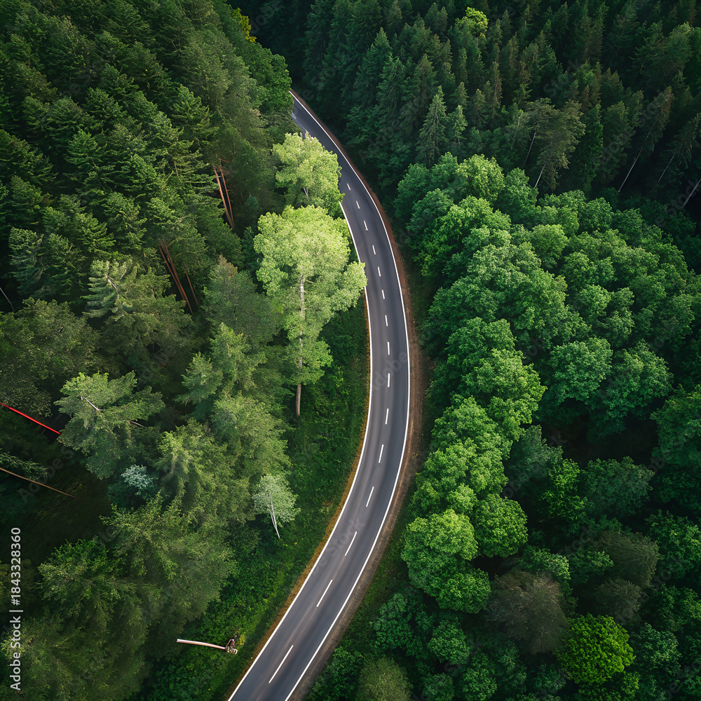 Fototapeta premium Aerial View of Winding Road Through Lush Green Forest