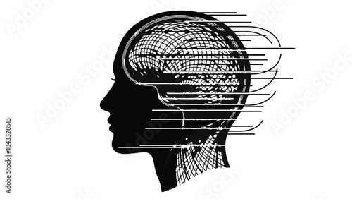 Abstract illustration of a human head profile with a digital brain and motion blur effect