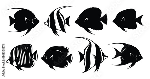 silhouette of a collection of eight distinct black fish