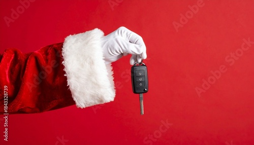 Santa-gloved hand holding modern car key on solid red festive background.