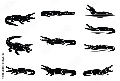 silhouette of collection of black alligator silhouettes