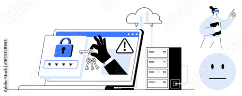 Cybersecurity, data protection, online privacy, risk management, digital security, internet safety. Image shows a screen with locked icon, warning sign keys and cloud server. Emphasis on