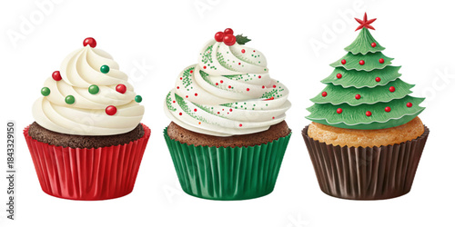 Realistic Christmas Cupcakes, Chocolate Vanilla Red Velvet Festive Desserts, Semi-Realistic Vector Illustration