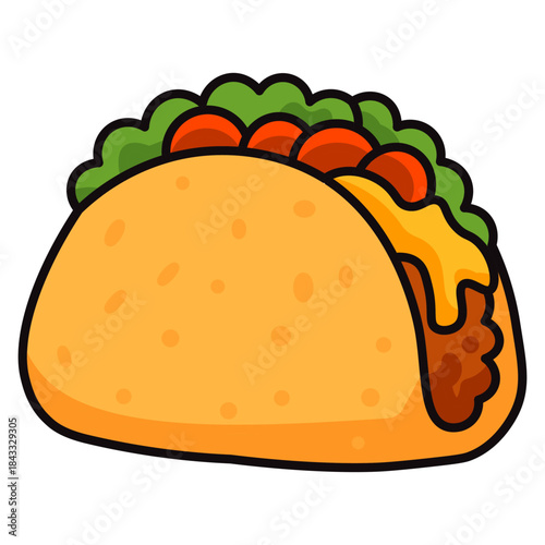 Delicious cartoon taco illustration, a vibrant graphic showing a classic Mexican dish golden shell, savory meat, fresh vegetables, melted cheese