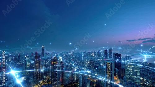 Global network of glowing light connections over a sprawling city at night cityscape urban